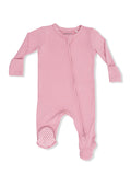 Pink long-sleeve onesie with a front zipper and polka dot accents on the feet. Ideal for infants and toddlers.
