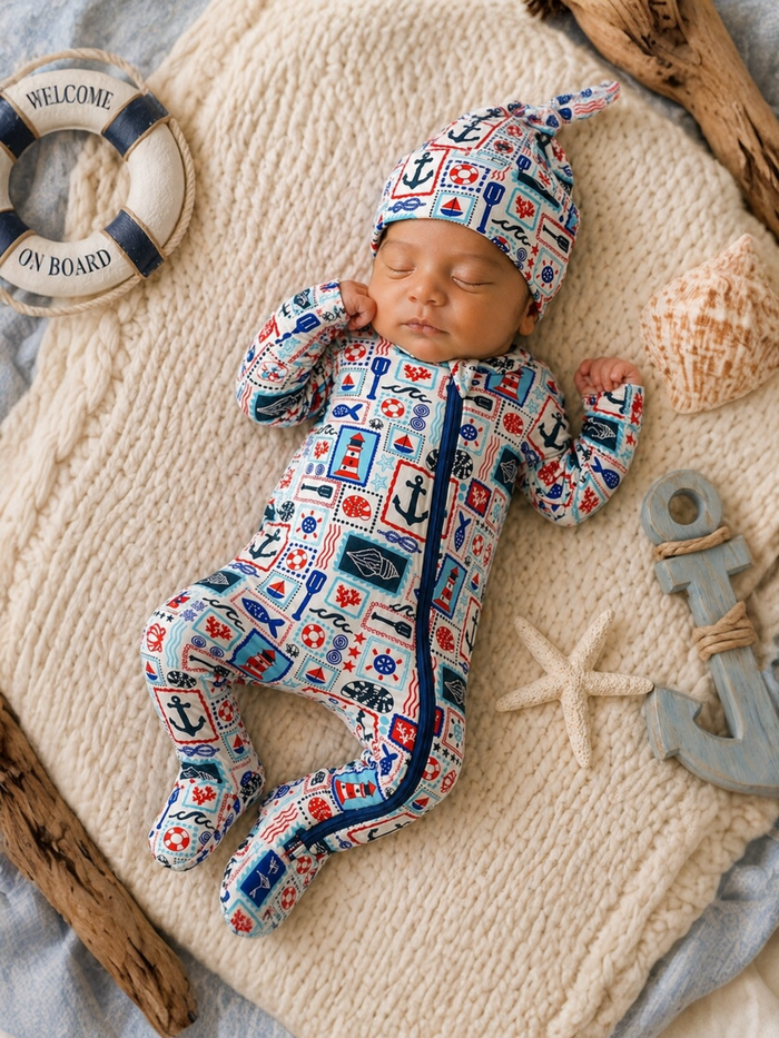 Sleeping baby in a colorful nautical-themed outfit on a soft blanket with beach-themed decorations.