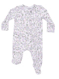 Floral-patterned baby onesie in pastel colors with long sleeves and footed design.