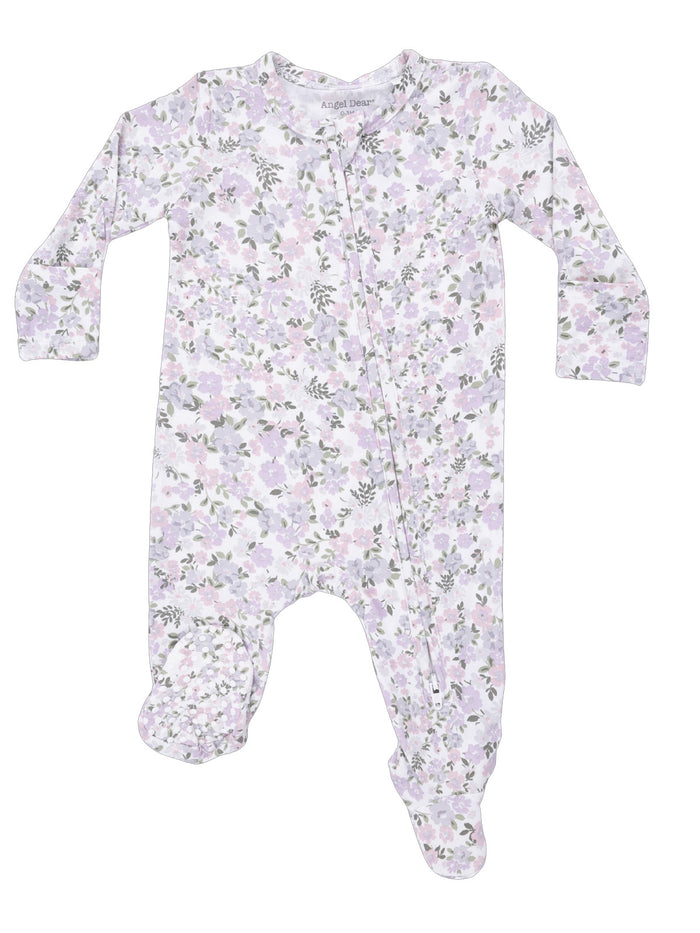 Floral-patterned baby onesie in pastel colors with long sleeves and footed design.