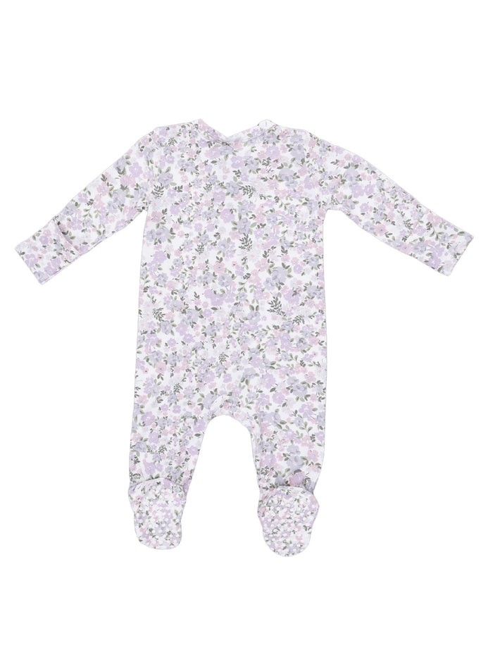 Purple floral baby romper with long sleeves and footed design, showcasing a delicate pattern.