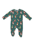 Green baby onesie featuring colorful cartoon food bottles and spicy themes.