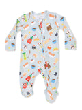Infant pajama set with fun food print, featuring sushi, sauces, and snacks on a light blue background.
