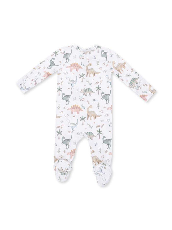 Baby romper with dinosaur print in pastel colors and footed design, ideal for comfort and play.