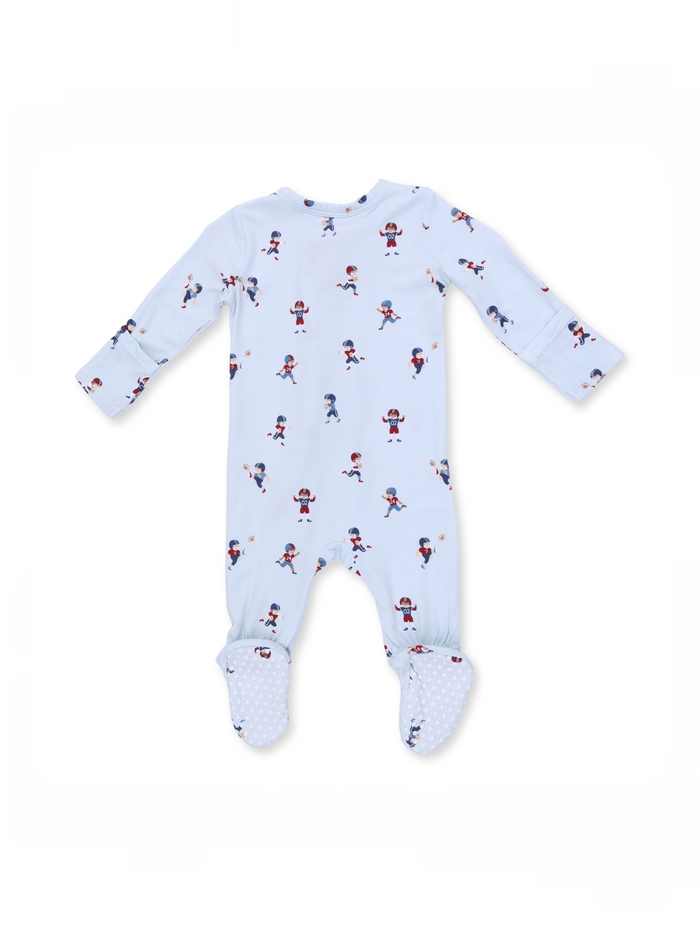 Light blue baby onesie with playful sports-themed patterns and footed design, featuring long sleeves and snaps.