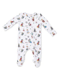 White onesie with playful skiing animal prints, featuring long sleeves and a front zipper.