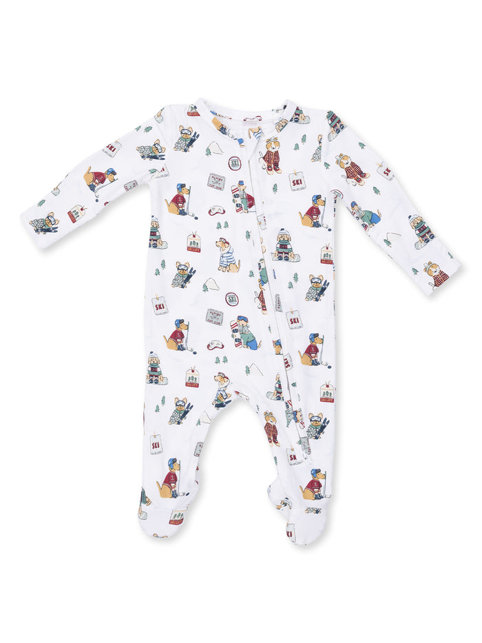 White onesie with playful skiing animal prints, featuring long sleeves and a front zipper.