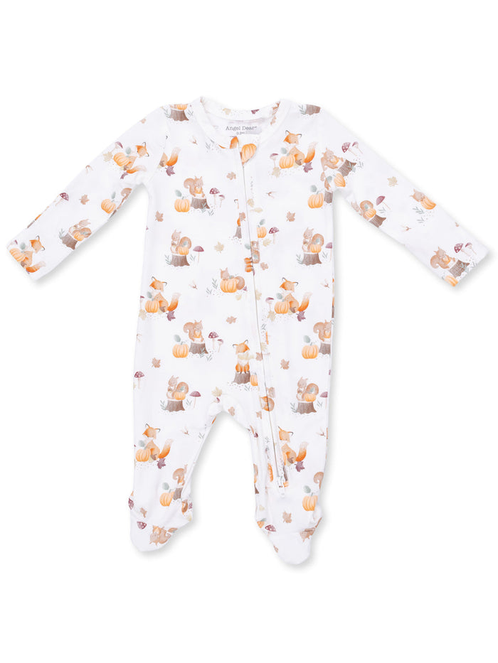 Cute baby onesie with a woodland animal print featuring foxes, squirrels, pumpkins, and mushrooms on a white background.