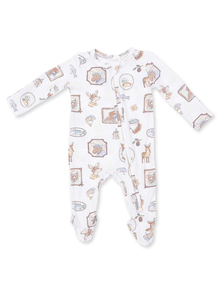 Infant onesie with playful animal and nature-themed prints in soft colors on a white background.