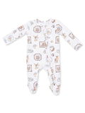 Infant onesie with playful animal and nature-themed prints in soft colors on a white background.