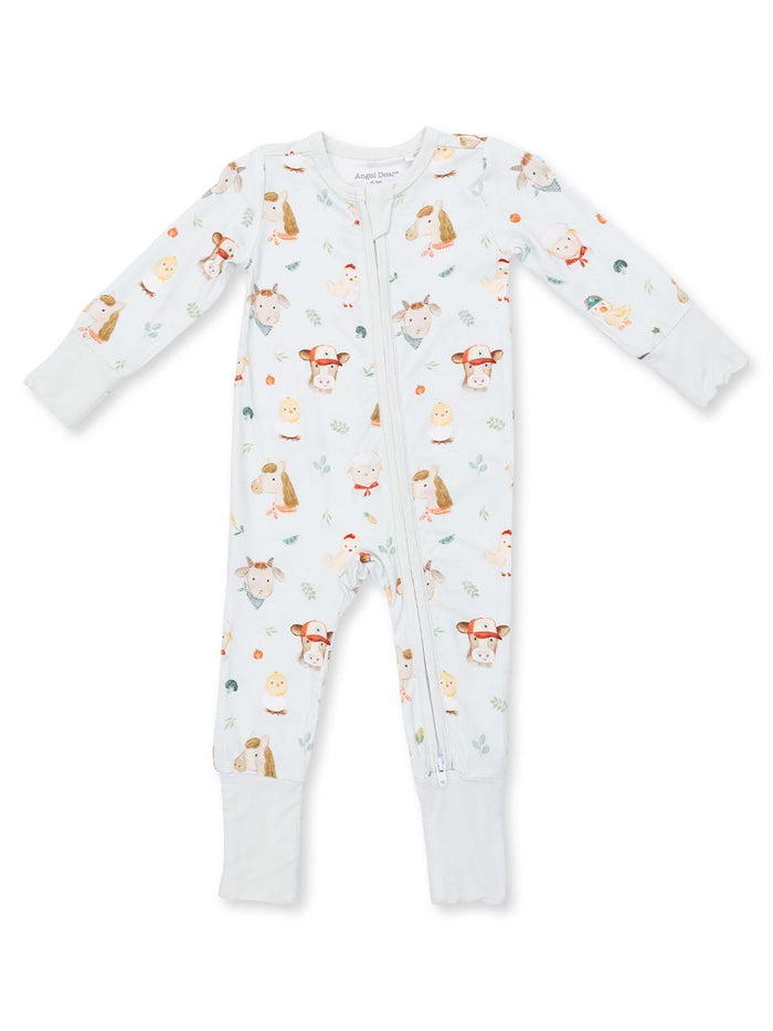 Children's zip-up onesie featuring a playful animal print with cows, chickens, and cute designs.