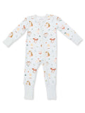 Children's zip-up onesie featuring a playful animal print with cows, chickens, and cute designs.
