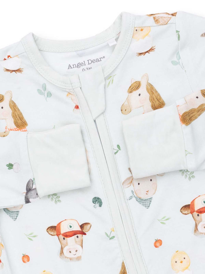 Light blue baby onesie with animal prints, featuring cows, chickens, and horses, by Angel Dear. Size 0-3 months.