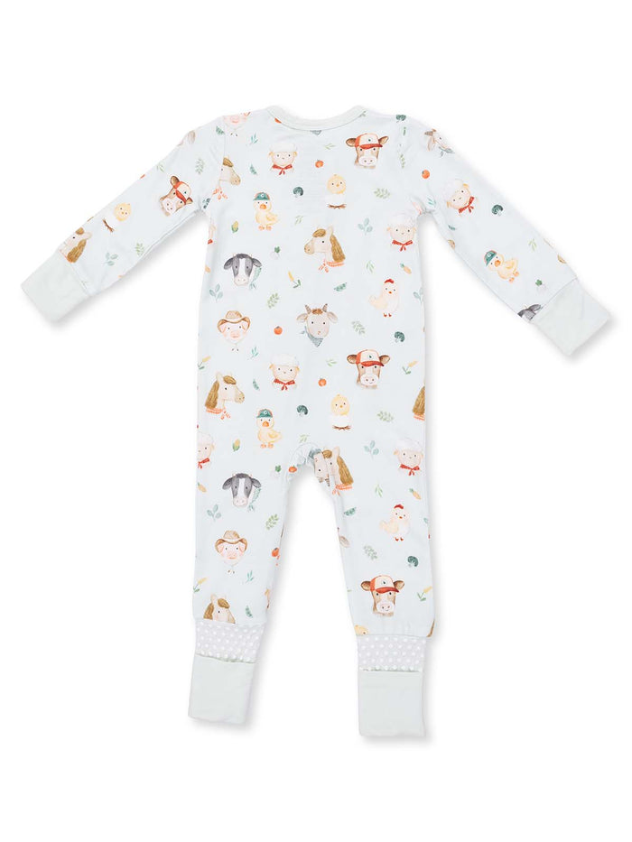 Baby pajama suit with playful animal patterns in soft colors, featuring long sleeves and ankle cuffs.