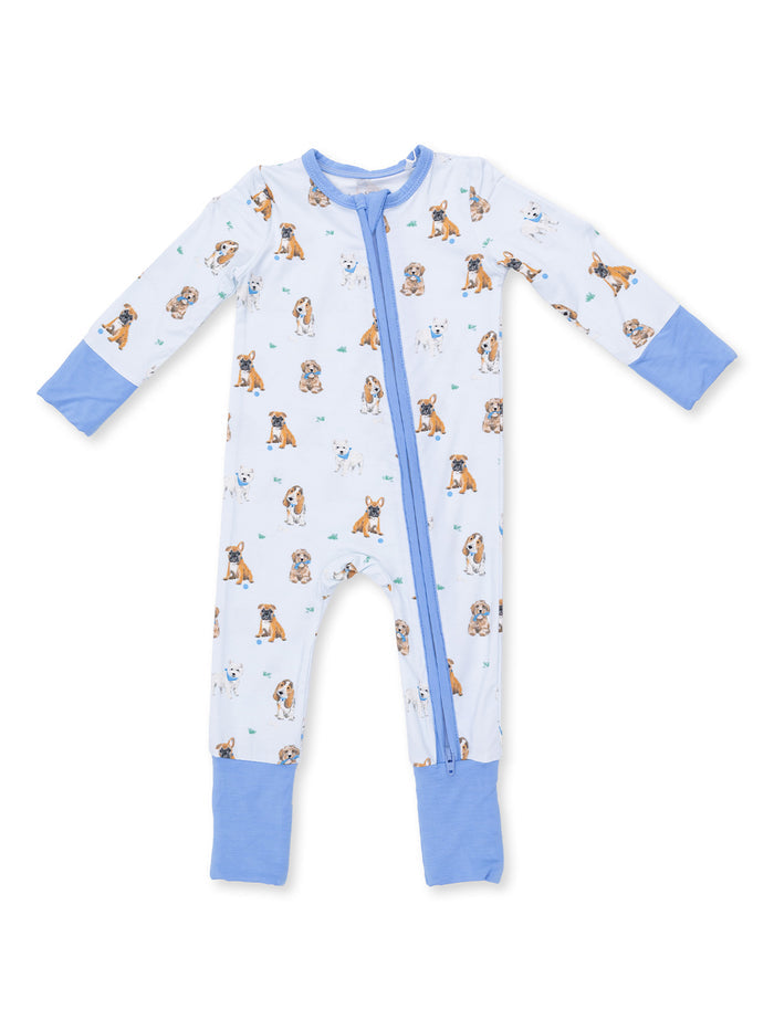 Blue dog-patterned onesie with long sleeves and zipper closure, perfect for kids' sleepwear.