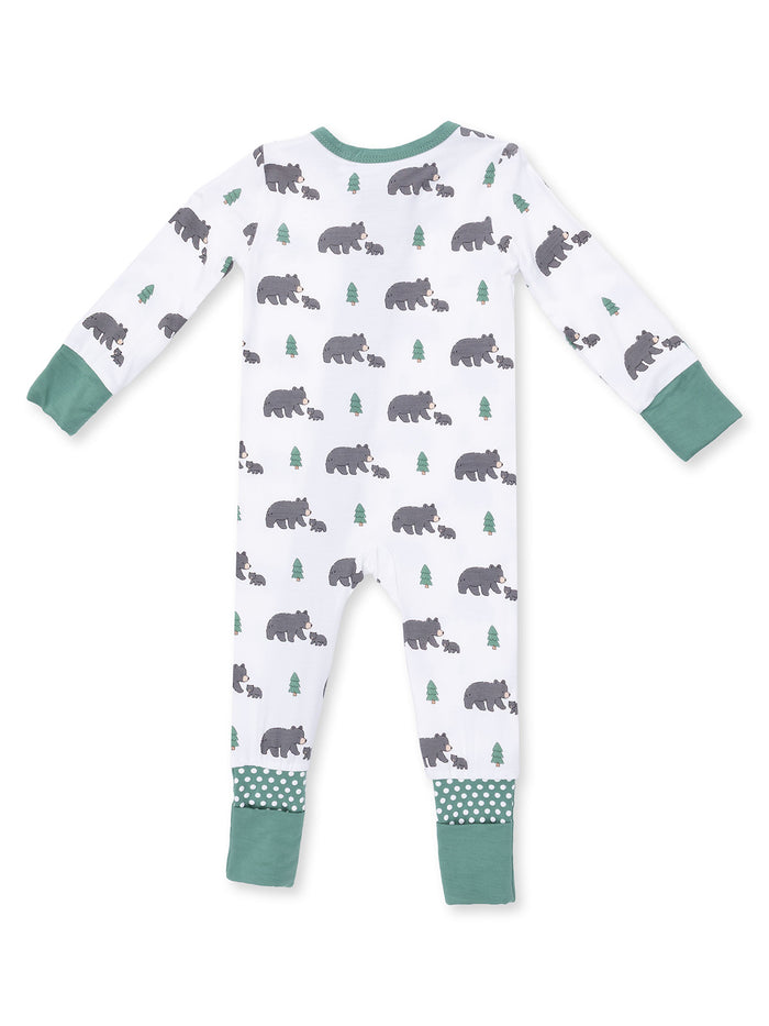 Children's pajamas with a bear and tree pattern, featuring long sleeves and green trim. Back view shown.