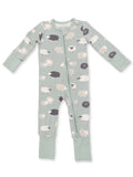 Light green zip-up onesie with sheep print in various colors, featuring long sleeves and footed legs.