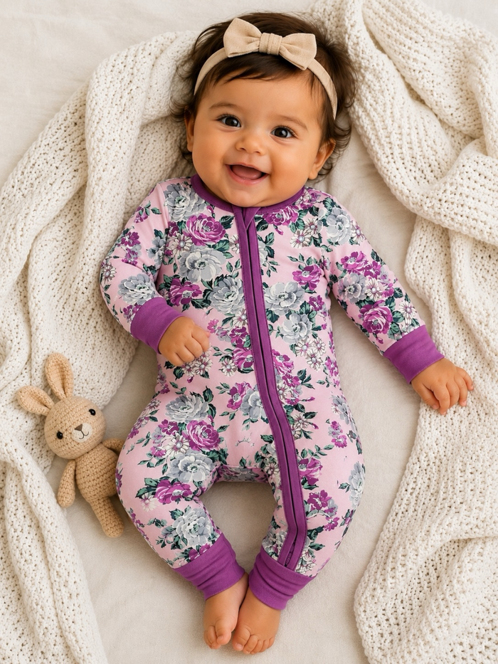 Smiling baby in floral pajamas with a bow headband, cuddling a plush bunny on a cozy blanket.