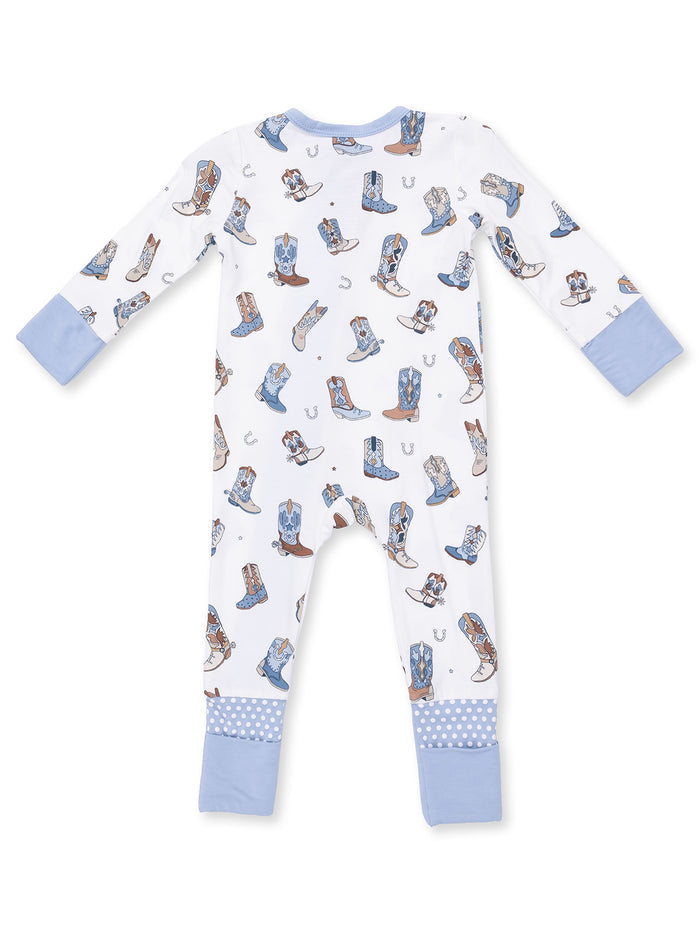 White baby onesie with colorful cowboy boots and horseshoes pattern, featuring light blue sleeves and cuffs.