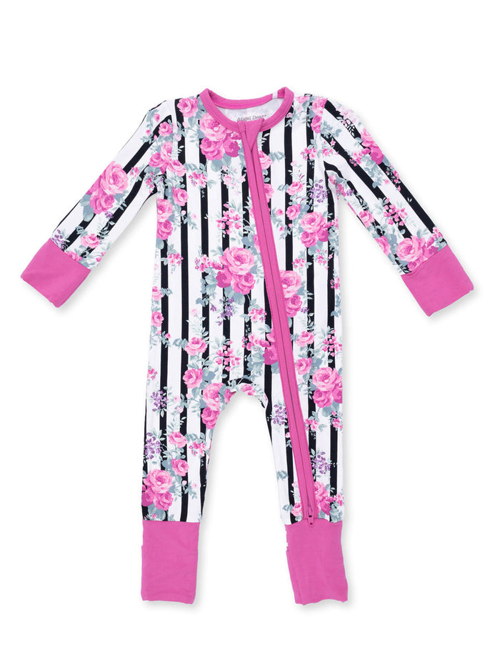 Floral-patterned onesie with black and white stripes and pink accents, featuring a front zipper closure.