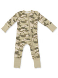 Camouflage-patterned baby onesie with long sleeves and a front zipper, featuring ribbed cuffs and ankle openings.