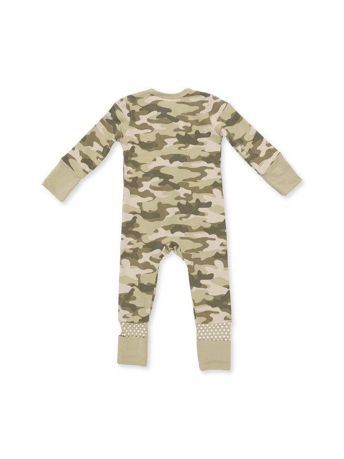 Back view of a camouflaged infant onesie with long sleeves and contrasting cuffs.