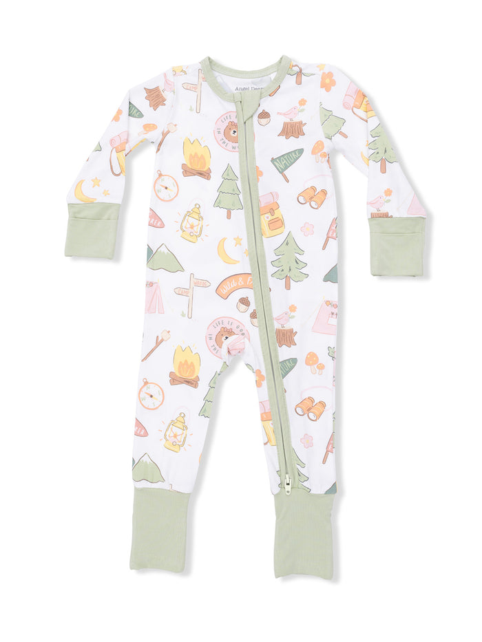 Children's camping-themed onesie with playful graphics of trees, lanterns, and wildlife. Features a front zipper.