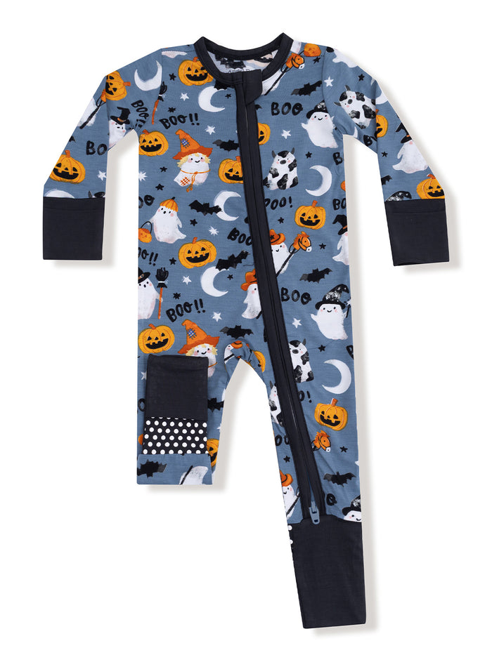 Children's Halloween pajama onesie featuring ghosts, pumpkins, bats, and a front zipper design.