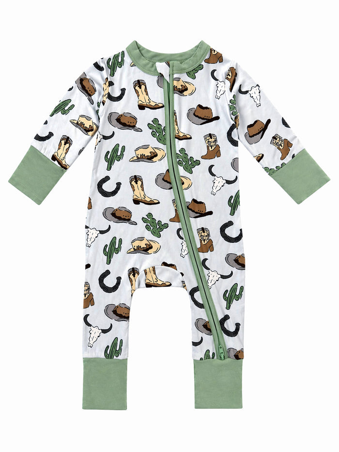 White onesie with green trim, featuring prints of cowboy boots, hats, cacti, and horseshoes. Perfect for toddlers.