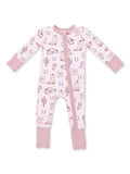 Pink infant pajamas with cowboy and cactus patterns, featuring long sleeves and a front zipper.