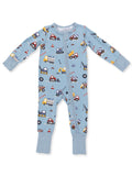 Children's blue zip-up coverall with colorful construction vehicle prints. Ideal for play and comfort.