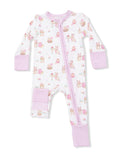 Baby onesie with cute bunny and egg patterns in pastel colors, featuring a front zipper and pink accents.