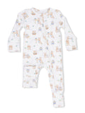 White baby onesie with pastel animal prints, featuring rabbits, eggs, and flowers, with a front zipper closure.