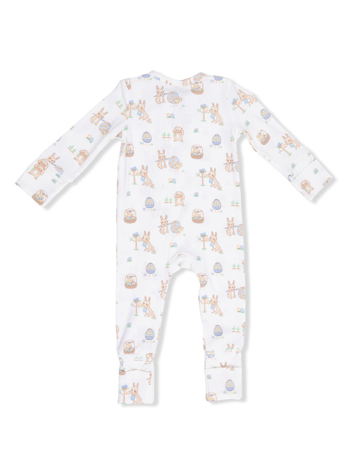 White baby onesie with colorful animal prints and Easter-themed designs on the back.