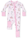 Pink toddler onesie with dog patterns and a front zipper, featuring playful bows and designs.