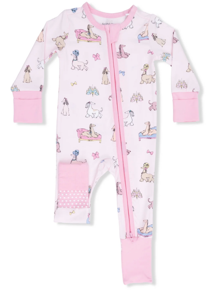Pink toddler onesie with dog patterns and a front zipper, featuring playful bows and designs.