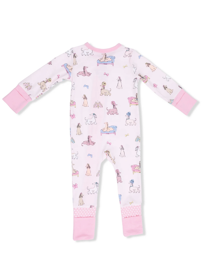Light pink pajamas with playful dog illustrations and pink cuffs, suitable for children.