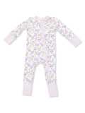 Infant onesie with floral and deer print, featuring a front zipper and pink sleeve cuffs. Perfect for cozy sleepwear.