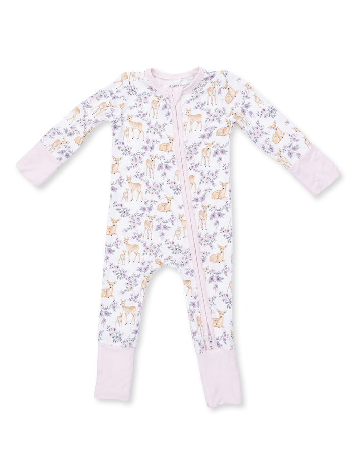 Infant onesie with floral and deer print, featuring a front zipper and pink sleeve cuffs. Perfect for cozy sleepwear.