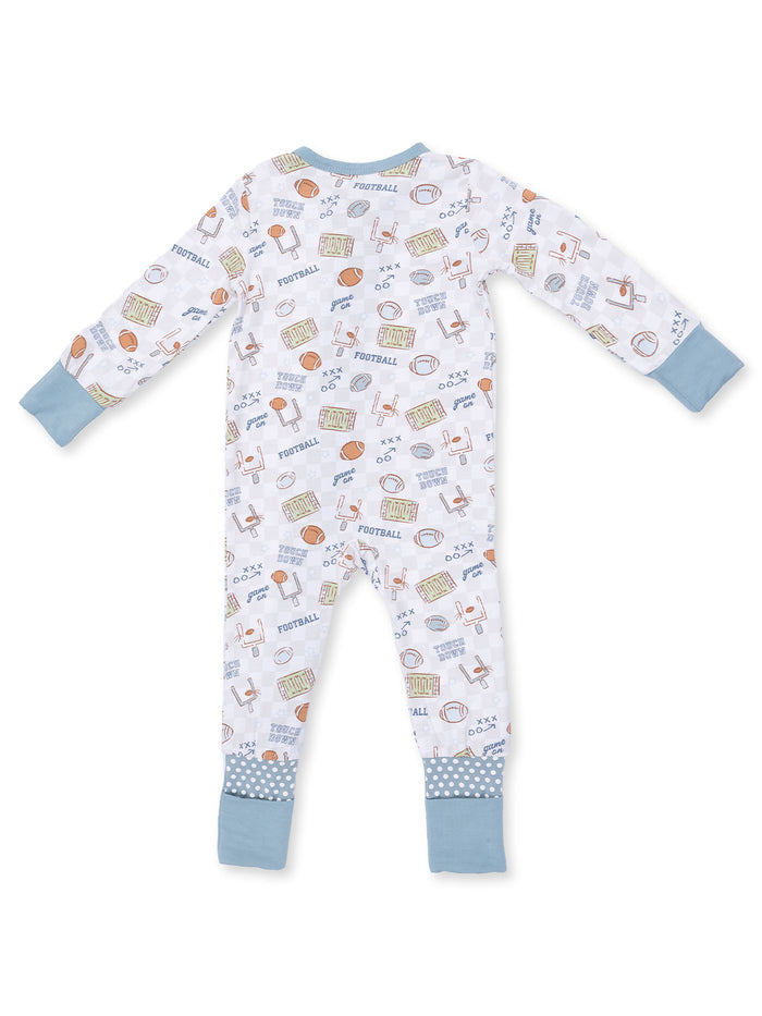 White footed pajama with blue cuffs, featuring a playful football pattern. Perfect for cozy sleepwear.