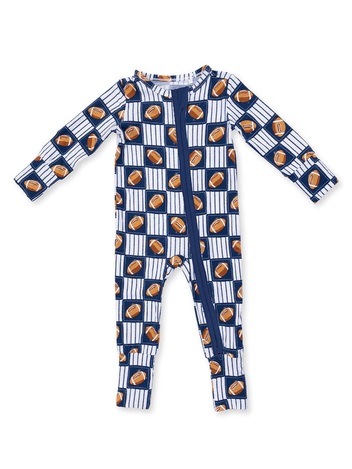 Navy football-patterned long-sleeve one-piece jumpsuit with a front zipper.