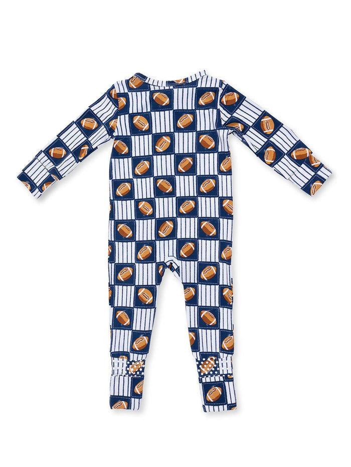 Kids' pajamas in blue with a football and stripe pattern, featuring long sleeves and ankle cuffs.