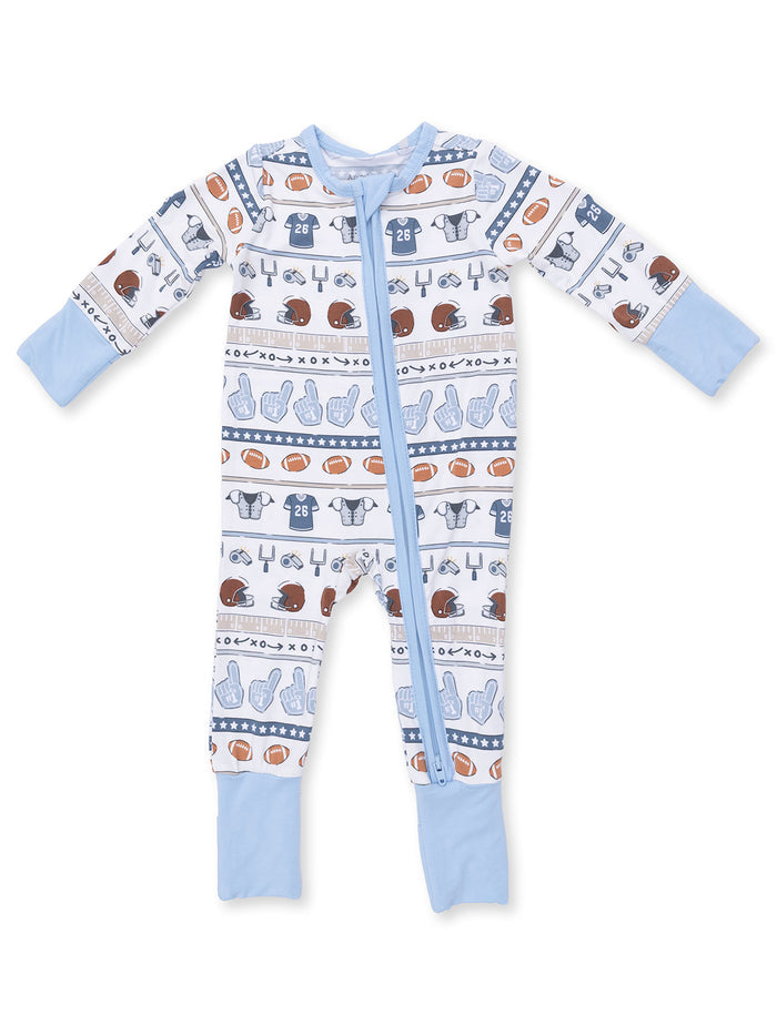 Light blue onesie with sports-themed patterns, featuring helmets, footballs, and jerseys. Zipper front design.