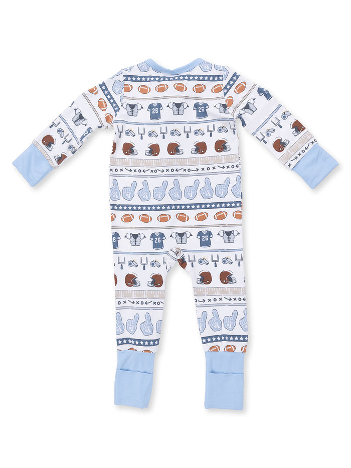 Back view of a baby onesie featuring a sports-themed pattern with footballs, jerseys, and playful graphics.