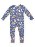Blue baby onesie with playful prints of animal fossils and tools, featuring long sleeves and a front snap closure.