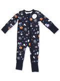 Halloween-themed baby onesie with ghosts, pumpkins, and spiders, featuring a glow-in-the-dark design.
