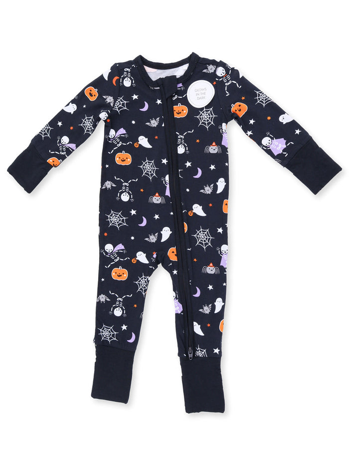 Halloween-themed baby onesie with ghosts, pumpkins, and spiders, featuring a glow-in-the-dark design.