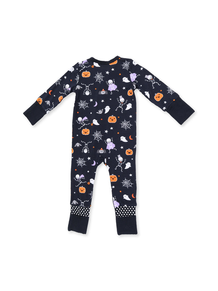 Navy pajama suit with Halloween patterns, including ghosts, pumpkins, and skeletons, suitable for kids.