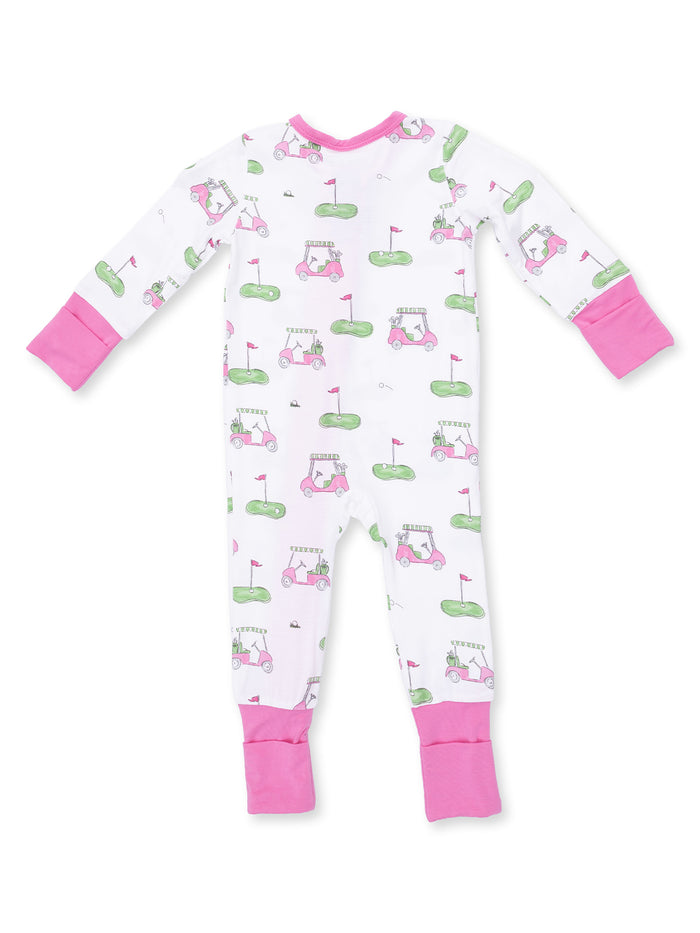 Kids' golf-themed pajama onesie with pink accents, featuring golf carts and flags on a white background.