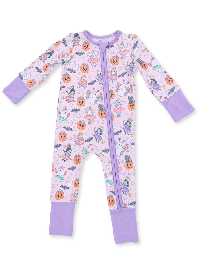 Purple zip-up pajamas featuring colorful Halloween-themed patterns, suitable for children.